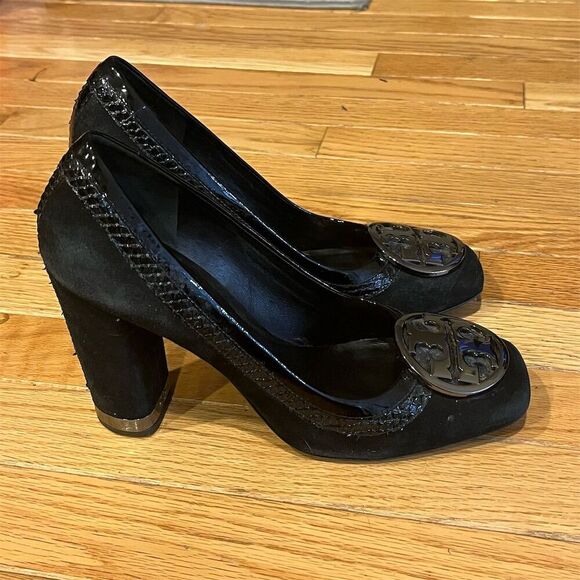 Tory Burch Women's Black Leather Peep Toe Wedge Pumps Size 8M - Picture 4 of 11